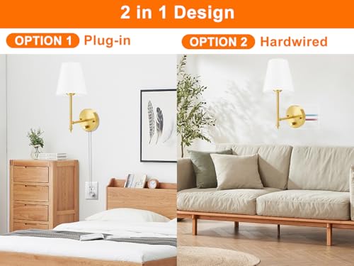 Wall Sconces Set of Two with Remote Control, Dimmable, Adjustable Colors 2700-6500K, Plug in Wall Sconces with White Fabric Shades, Plug in Wall Light, Gold - color: Gold-White