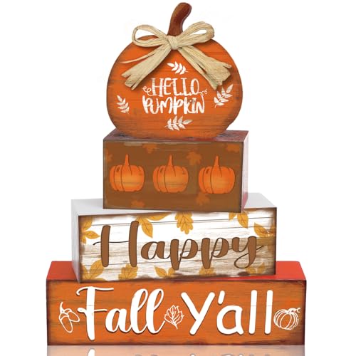 4 Pcs Fall Decor Home Pumpkin Wooden Sign Hello Fall Tiered Tray Decor - style: Pumpkin