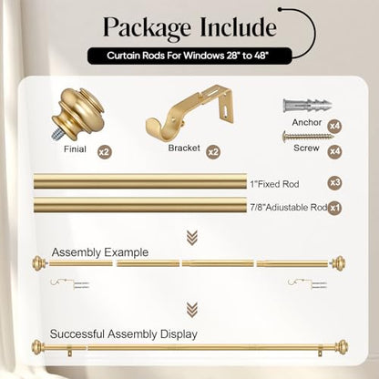 SIMEWIN Heavy Duty Curtain Rods, 1 Inch Gold, 28 to 48 Inches, Adjustable, Wall Mounted, Metal, Glossy Gold Finish, Classic Finials - color: Gold, size: 28"-48"