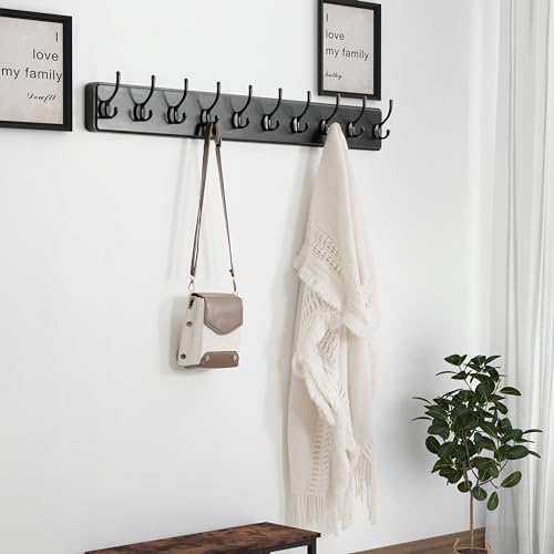 Dseap Coat Rack Wall: 38-1/4" Long, Patented, Heavy-Duty, 10-Double-Hooks Wooden Wall Mounted Coat Rack Coat Hanger Hook Rail for Winter Coats Hat Jacket Clothing, Black - color: Black, size: L=38.3"(1pcs)
