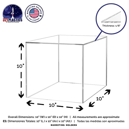 Marketing Holders 10" Acrylic Display Riser Box with One Open Side No Lid Versatile Clear Glossy Square Lucite Retail Product Platform or Merchandise Storage Bin No Assembly - size: 10" Cube-Clear