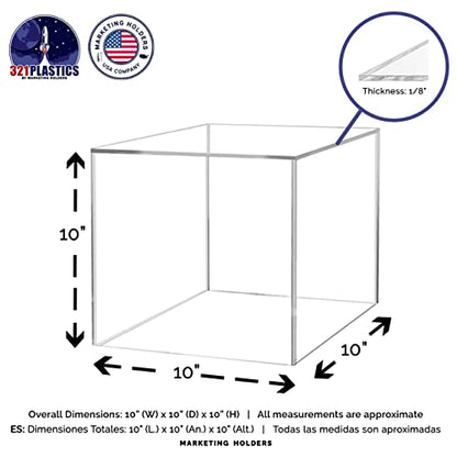 Marketing Holders 10" Acrylic Display Riser Box with One Open Side No Lid Versatile Clear Glossy Square Lucite Retail Product Platform or Merchandise Storage Bin No Assembly - size: 10" Cube-Clear