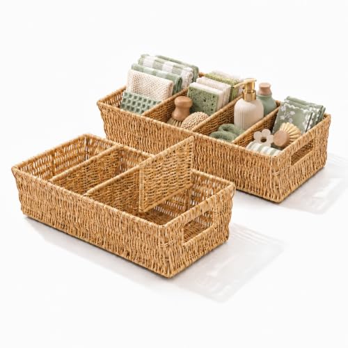 2PCS Rattan Pantry Organizer Baskets with Removable Dividers
