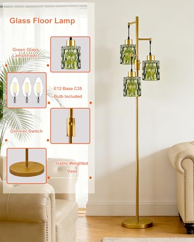 Lightdot Green Glass Floor Lamp Farmhouse Mid Century Standing Tall Lamp - color: 3 Green Glass-Gold G