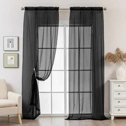 Black Sheer Curtains 84 Inches Long Rod Pocket - color: Black, size: 42"W x 84"L (Pack of 2)