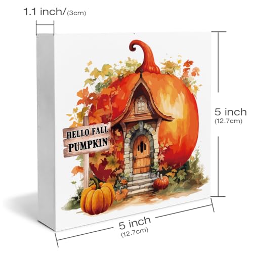 Fall Decor Hello Fall Wooden Box Sign Pumpkin Decorations Rustic Home Desk Shelf Tabletop Decor 5 x 5 Inches - color: Multicolor Hello