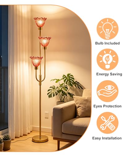 Glass Floor Lamp 66IN 3-Light Modern Red Glass Gold Dimmable Floor Lamps - color: Deep Red Flower-Gold