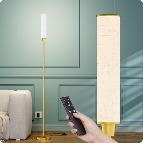Nukanu Floor Lamp with Remote Control,brassgold,Linen lampshade - color: brassgold+Beige linen