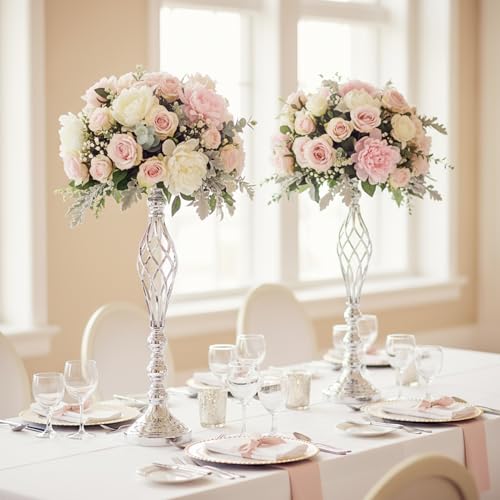 Silver Wedding Vases for Table Centerpieces - Set of 10 Twist Candleholder Stands, Elegant Floral Arrangement Vases, Metal Centerpieces for Reception Table Wedding Road-Leading Home Decor - color: ['Silver'], size: ['10 pieces, 23.23 inches']