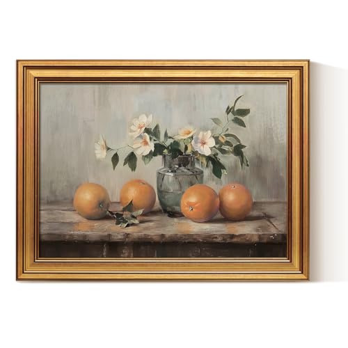 VIYYIEA Gold Framed Wall Art, Oranges Still Life Print Kitchen Wall Art - color: White Roses Vase, size: 16"L x 12"W