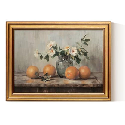 VIYYIEA Gold Framed Wall Art, Oranges Still Life Print Kitchen Wall Art - color: White Roses Vase, size: 16"L x 12"W