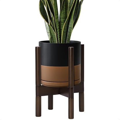 D'vine Dev Ceramic Pot with Walnut Wood Stand, Black/Tan, 8 in, 55-B-Y-7 - color: Black/Speckled Tan Pot + Walnut Color Stand, size: 8 Inch