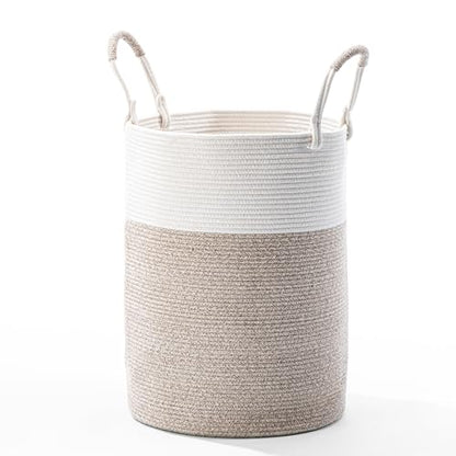 Laundry Hamper Basket, Woven Cotton Rope Blanket Basket, Nursery Storage - color: White & Brown, size: 16"D x 22"H