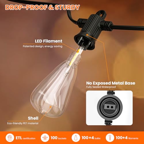 Kawaya ST38 Outdoor String Lights 200FT for Patio Garden Porch Bistro Cafe - size: 200FT