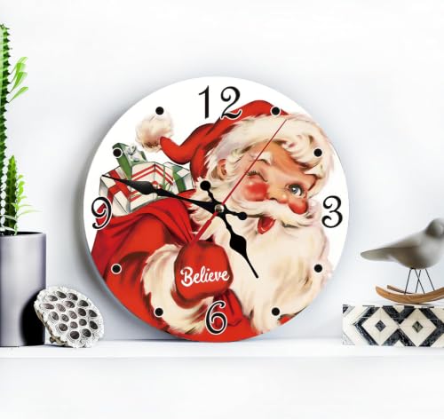 Vintage Santa Claus Silent Non Ticking Wall Clock 12 Inch, Battery Operated, Christmas White Round Wood Wall Clocks, Decorative for Living Room, Kitchen, Bedroom, Bathroom, Dining Room, Gifts - color: Vintage Santa Claus-christmas White