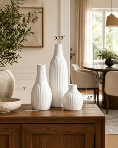 Minimal Line White Ceramic Vase Set of 3, Matte Decorative Flower Vases - color: White