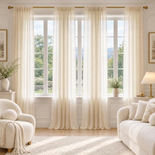 FMFUNCTEX Cream Sheer Curtains, 84 Inch, Rod Pocket, 4 Panels for Bedroom - color: Butter Cream, size: 52"W x 84"L (Pack of 4)