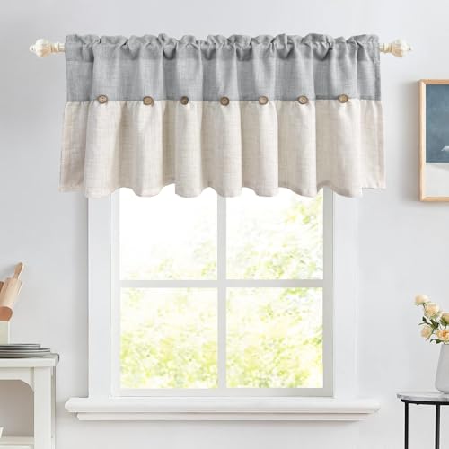 Farmhouse Boho Linen Button Valance for Kitchen Window Dining Room - color: Grey, size: 52"W x 20"L (Pack of 1)