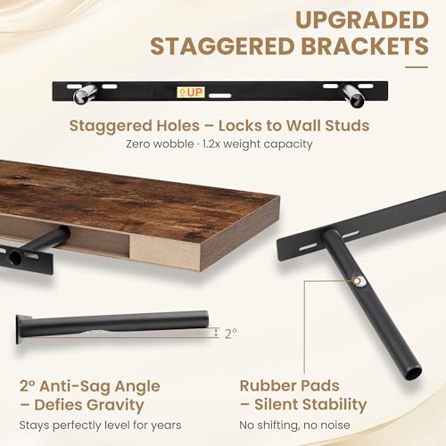 24 Inch Long Floating Shelves for Wall Set of 2, 12"D Wood Grain Shelves - color: Rustic Brown, size: 24"Wx12"Dx2"H, 2P