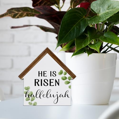 He Is Risen Sign Decor, Easter House Shaped Wood Block Sign - color: HE-1