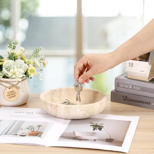 Hipiwe 7.9" Round Key Bowl for Entryway Natural Travertine Stone Tray - color: Beige, size: 7.9" x 7.9" x 2"
