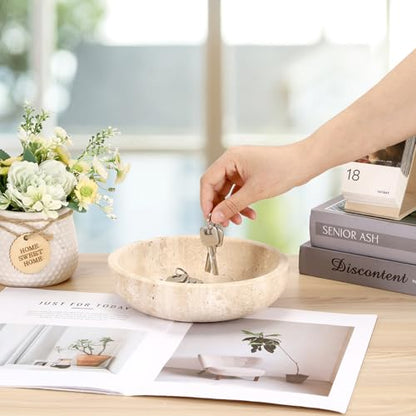 Hipiwe 7.9" Round Key Bowl for Entryway Natural Travertine Stone Tray - color: Beige, size: 7.9" x 7.9" x 2"