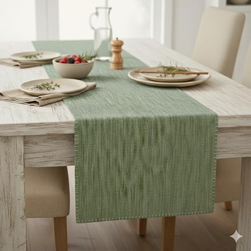 Short Coffee Table Runner Cotton Modern Kitchen Table Runner with Decorative Stitch at Edge Dresser Scarf Dining Table Washable Cloth Small Furniture Top Cover 14"x48" Green - color: Olive Green, size: 14"x 48"