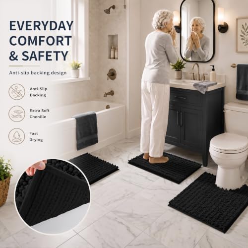 Yimobra Black Bathroom Rug Set 3 Piece, Super Water Absorbent Bath Mat Set - color: Black, size: 24"x17" + 24"x20" + 30"x20"