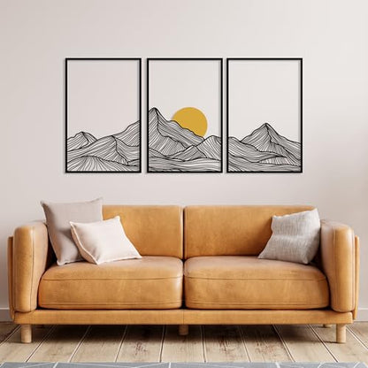 DecoSoul Mountain and Sun Metal Wall Art, Set of 3 Nature Minimalist Home Decor, Mountain Range Panels Modern Wall Art, Sunset Sunrise Framed for Living Room, Housewarming Gift - style: Mountain and Sun