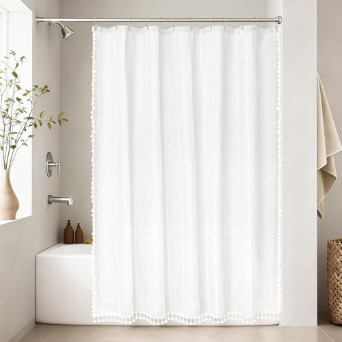 Seenus White Boho Fabric Shower Curtain with Tassels, Linen Textured French Country Shower Curtain Heavy Duty, 72 x 72 Inch Elegant Luxury Water Repellent Shower Curtains for Bathroom - color: White, size: 72"W x 72"L (Pack of 1)