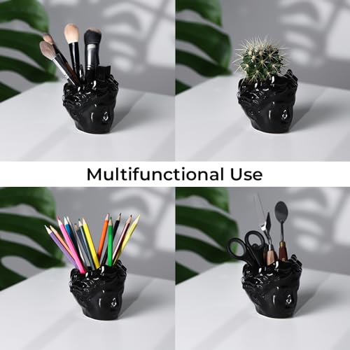 Small Head Planter - Ceramic Face Planter Pots for Indoor Plants, Cute Funny Succulent Pot with Drainage Hole, Unique Gift, 3.9" - color: Black