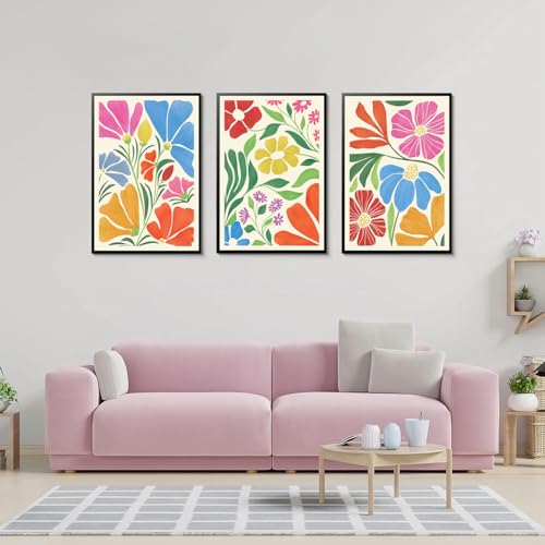 Yaneiro Matisse Colorful Wildflower Wall Art Set of 3, Vintage Abstract Boho Floral Canvas Poster Print Wall Decor, Suitable for living Room Dining Room Bedroom Girls Room 12x16in Unframed - color: Color Flowers Posters, size: 12x16 in