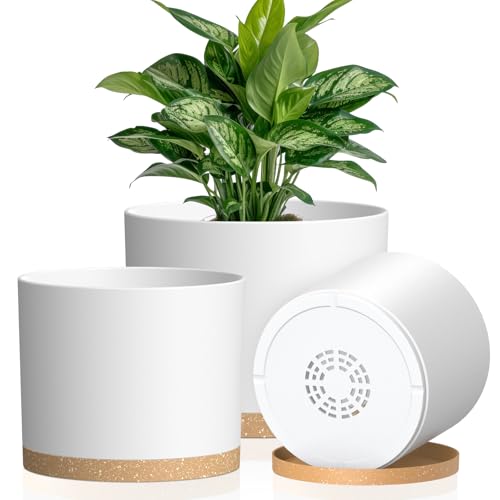 Plant Pots, 10/9/8 Inch 3 Pack Cylindrical Flower Pots with Drainage Holes and Saucers, Plastic Planters for Outdoor Indoor Plants,White Brown - color: White With Brown