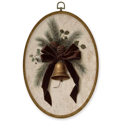JMENGSSFL Vintage Christmas Bells with Pine Branch Oval Wall Art 8.6x11.4 - color: Christmas-17