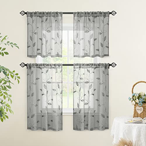 HOMEIDEAS Grey Kitchen Sheer Curtains Leaf Embroidered, 30x24, 2 Panels - color: 3-grey, size: 30"W x 24"L (Pack of 2)