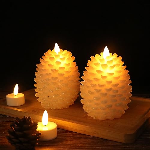 Wondise Pine Cone Flameless Flickering Candles with Remote and Timer - color: 7-White