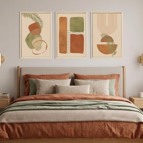 HOURIA Terracotta Sage Green Palm Leaf Framed Canvas Wall Art Set-16"x24"x3 - color: Boho Botanical Wall Art, size: 16"L x 24"W