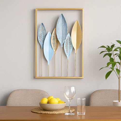 Bohemian 3D Metal Leaf Gold Wall Art Set of 3 | Boho Hallway Wall Hanging Home Decor for Farmhouse Living Room, Office, Bedroom, Indoor, Outdoor | Large Modern Minimalist Gold Metal Wall Sculptures(16x11")