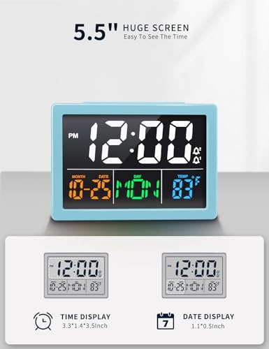 JALL Digital Clock with Date Day for Seniors, Electric Alarm Clocks for Bedrooms with Temperature, 2 Alarms, Dimmer, Dual USB Charger, Battery Backup, Volume Control, Snooze, Bedside Desk Clock, Blue - color: Blue