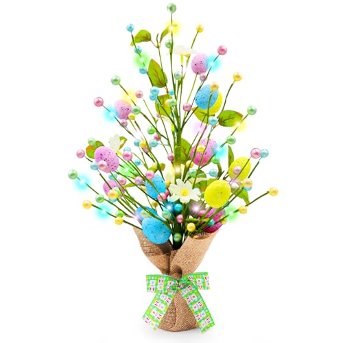 Lighted Easter Decorations 20'' Egg Tree for Tabletop Decor, Timer Egg Tree Ornaments, Easter Artificial Tree for Centerpiece Table Indoor Outdoor Spring Home Decorations