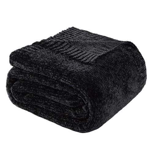 Black Throw Blanket for Couch, Soft Woven Chenille Throw Blanket 51"x67" - color: Dark Black