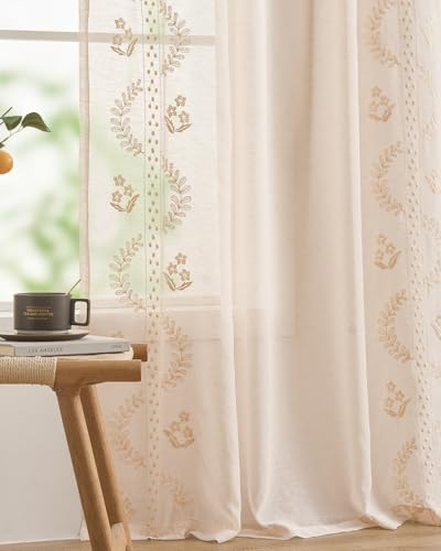 jinchan Floral Linen Curtains, Back Tab 50x96 Inch, 2 Panels Beige - color: S | Beige, size: 50"W x 96"L (Pack of 2)