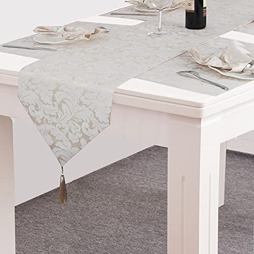 EHouseHome Jacquard Damask Reversible Beige Table Runners with Tassels 13 x 72 inch Wrinkle and Water Resistant Spill-Proof Decorative Dining and Wedding Runners - color: Beige With Tassels