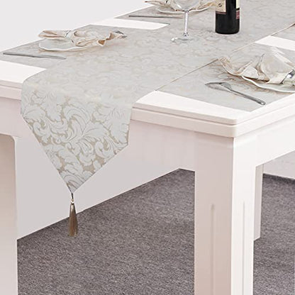 EHouseHome Jacquard Damask Reversible Beige Table Runners with Tassels 13 x 72 inch Wrinkle and Water Resistant Spill-Proof Decorative Dining and Wedding Runners - color: Beige With Tassels
