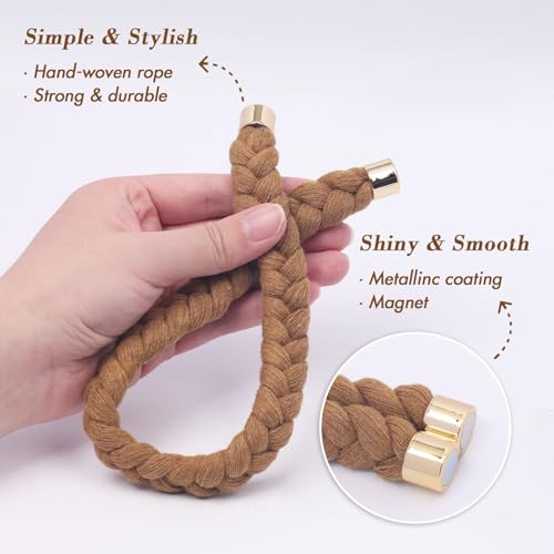 NICEEC 4 Pack Natural Cotton Rope Magnetic Curtain Tiebacks Elegant Twisted Braid Style Drape Tie Backs Soft Hand-Woven Rope Curtain Holdbacks for Home & Office Window Draperies (Khaki-02) - color: Khaki-02, size: 4 Pack