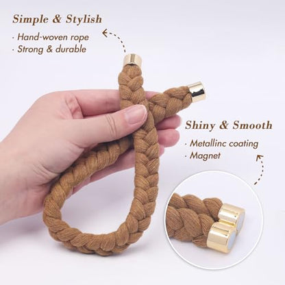 NICEEC 4 Pack Natural Cotton Rope Magnetic Curtain Tiebacks Elegant Twisted Braid Style Drape Tie Backs Soft Hand-Woven Rope Curtain Holdbacks for Home & Office Window Draperies (Khaki-02) - color: Khaki-02, size: 4 Pack
