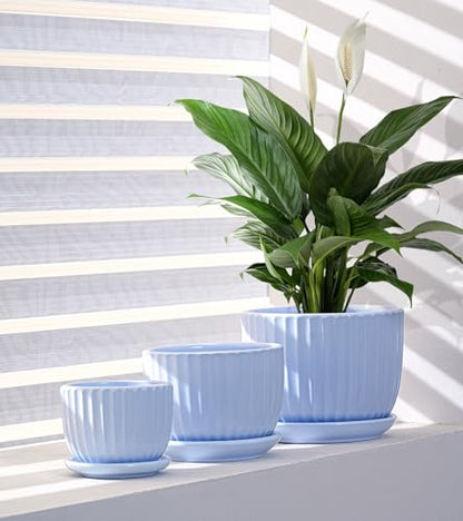 Flower Pots，Ceramic Pots with Drainage Holes & Saucers Set of 3(Sky Blue) - color: Blue