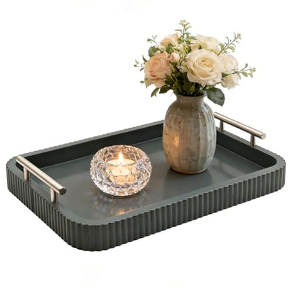 Rectangle Modern Wood Serving Tray with Metal Handles, High Gloss Gray Finish, 16x12 Inch Coffee Table Ottoman Tray for Storage and Display (Gray) - color: Gray