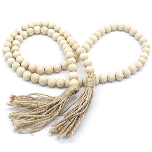 CVHOMEDECO. Wood Beads Garland with Tassels Farmhouse Rustic Wooden Prayer Bead String Wall Hanging Accent for Home Festival Decor. Natural - color: Natural