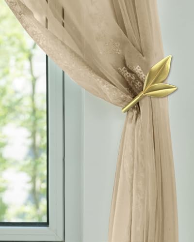 Gold Curtain Holdbacks 2 Pack, Metal Olive Leaf Curtain Tiebacks Wall Mounted, Curtain Holders for Wall, Curtain Pull Back Hooks, Decorative Curtain Side Hooks for Drapes and Curtains - color: Gold